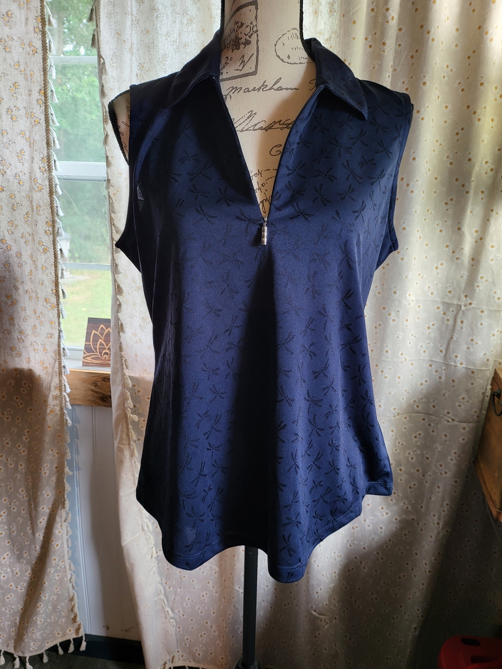 Greg Norman Women’s Navy Dragonfly Print Sleeveless Golf Polo L NWT